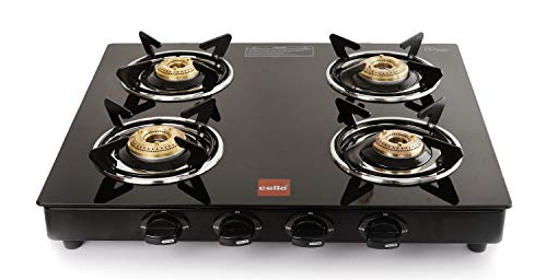 Gas Stove 4 Burner Stainless Steel, Glass Top, (ISI Certified, Black)